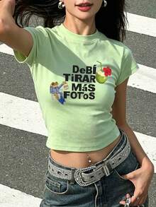 夏季新款圓領 DTMF 圖案修身正肩 T-shirt，度假旅行沙灘穿搭 - 粉綠色 - 查看 2