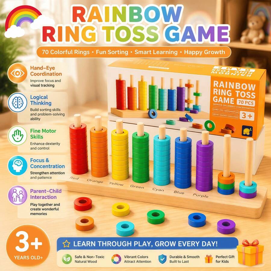 Juguete de clasificación y apilamiento de colores de madera, juego de círculo arcoíris - Juguete sensorial para la identificación y clasificación de colores