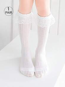 2/1 双儿童及膝袜，女童纯色蕾丝边及膝袜，可爱公主风格，适合日常穿着、派对、学校、春夏秋 - 白色 - 查看 11
