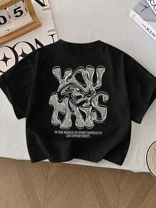 Camiseta de manga corta de verano para niño, estilo casual, con estampado de letras líquidas en 3D y diseño de cuello redondo. - Negro - Ver 1