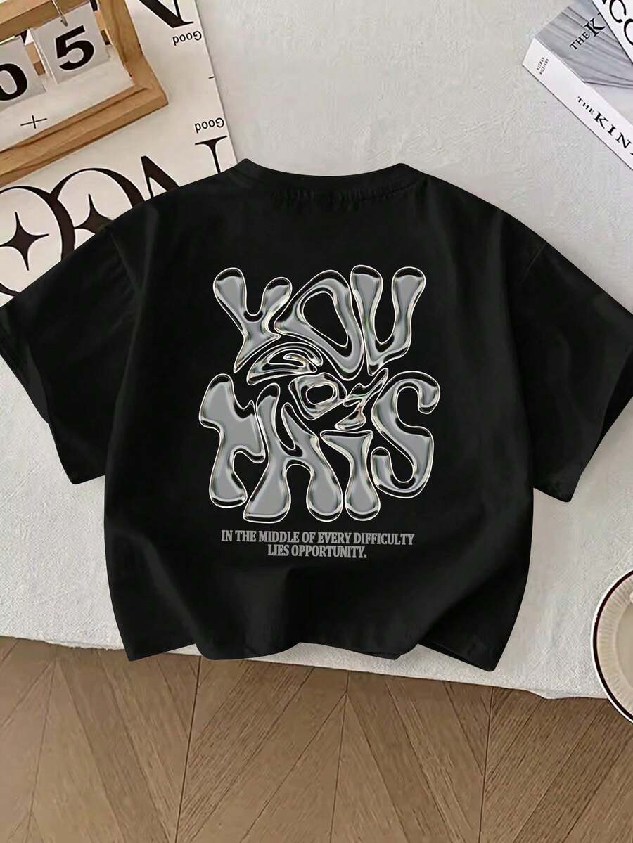 Camiseta de manga corta de verano para niño, estilo casual, con estampado de letras líquidas en 3D y diseño de cuello redondo. - Negro - Ver 1