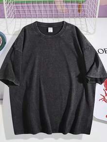 1 camiseta 100% algodón lavado - Camiseta casual de manga corta con cuello redondo para hombre, con estampados creativos, tela suelta, estilo urbano, corte ajustado elástico - Negro - Ver 2