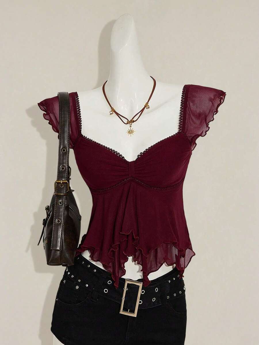ICON Top corto casual con escote trasero, manga corta, parches de malla y fruncido delantero sexy para mujer - Burdeos - Ver 1