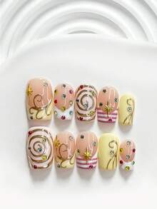 10Pcs Y2K Style Handmade Press On Nail,Polygel Nail Set,Colorful Rhinestone Accents And Starburst,Yellow And Pink Nail Polish,Edgy,Avant Garde Style,Includes Nail Tools,3 Sizes Available,Square,Short Square,Almond,Nails For Party,Dance,Daily Wear. - 彩色 - 查看 20