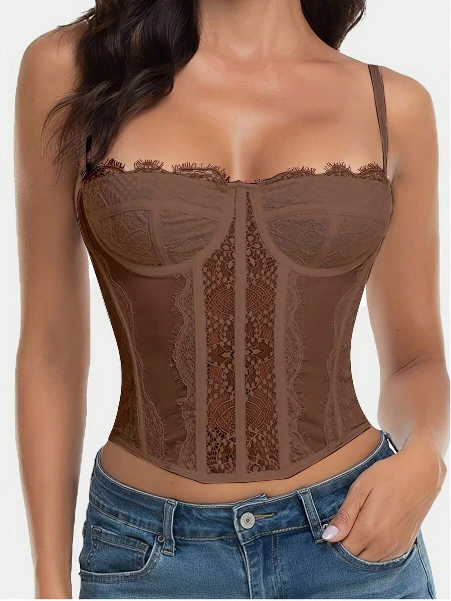 Women's Lace Corset Top, For Going Out To Parties Or Clubs, With Buckle. - 棕色 - 查看 1