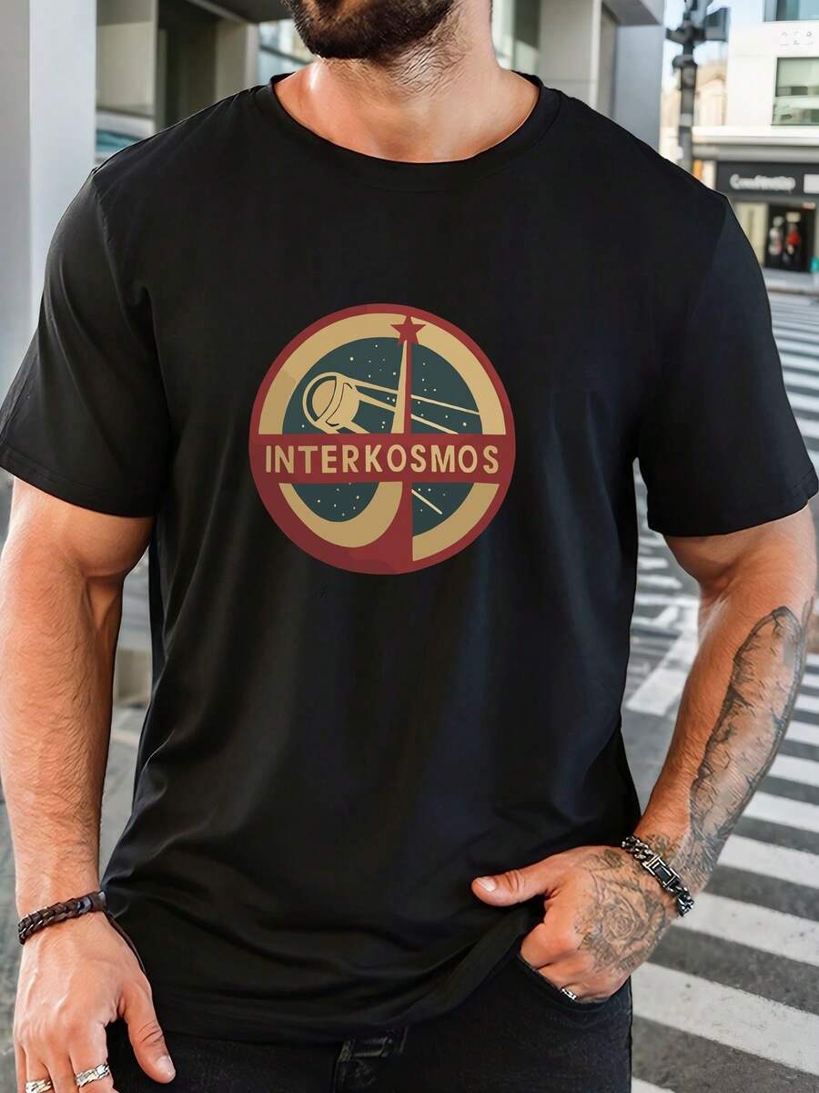 Men's Patterned Summer Casual Crew Neck Short-Sleeve T-Shirt - 黑色 - 查看 1