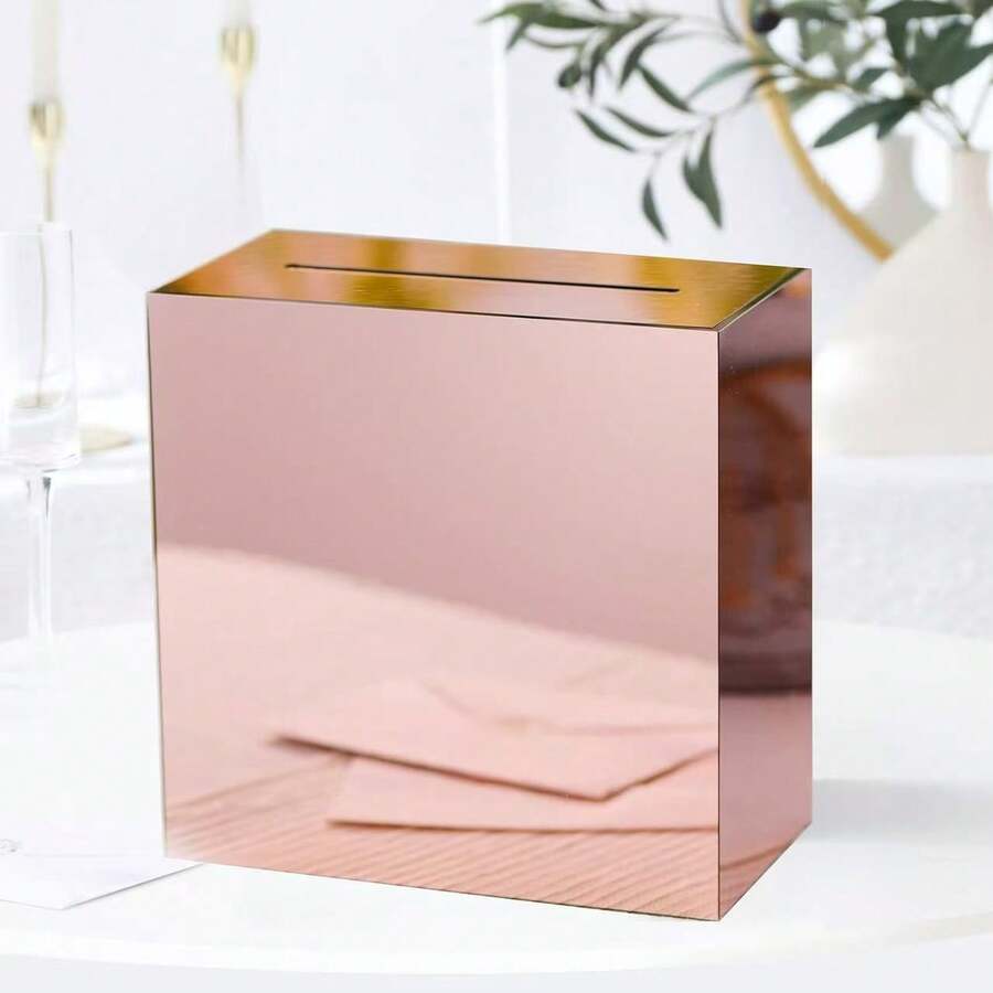 Acrylic Rose Gold Card Slot Box, Thickened DIY Wedding Box (Blank Without Pattern), Suitable For Banquet Decoration, Fundraising Box, Voting, Graduation Anniversary, Party Gifts - Rose Gold - View 1
