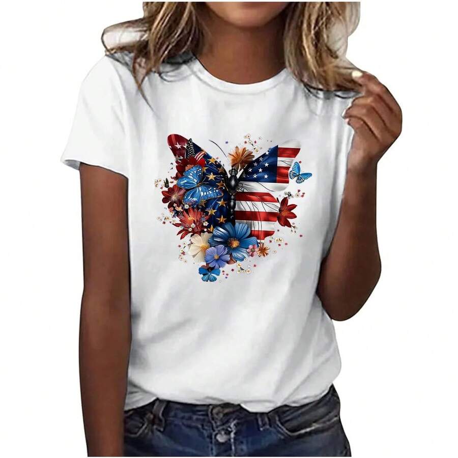 Youyipin Womens Tops American Flag Heart Shirt Women Patriotic T-Shirt 4Th Of July Graphic Tees Shirts Usa Flag Star Stripe Summer Tops For Women - 多色-16 - 查看 1