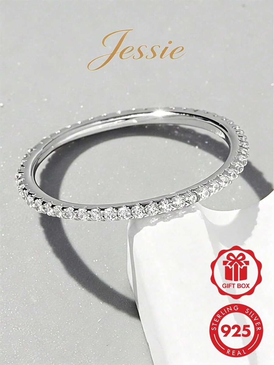 Vaerine 1件經典精緻925純銀立方鋯石全圈戒女款,日常配戴、疊戴、禮物 - 金色 - 查看 1