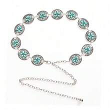 1pc Adjustable Slim Waist Pink Turquoise Sunflower Vintage Silver Waist Chain, Western Cowboy Dress Accessory - Lake Blue Flower Shadow - View 9