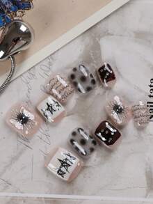 10pcs Press On Nails Punk Style Metal Line Short Nails Press On Nail Supplies Nails Fake Nails Artificial Nails Kit Includes 1sheet Adhesive Tabs &1 Pc Mini File Handmade Press On Nails - 彩色 - 查看 3