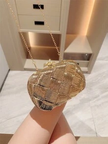 Bolso Moonlit Eve: 1 pieza Bolso de mano de noche plisado con forma de huevo brillante con diseño elegante de doble botón de perla falsa de metal, adecuado para chicas de, novias - Oro rosa - Ver 7
