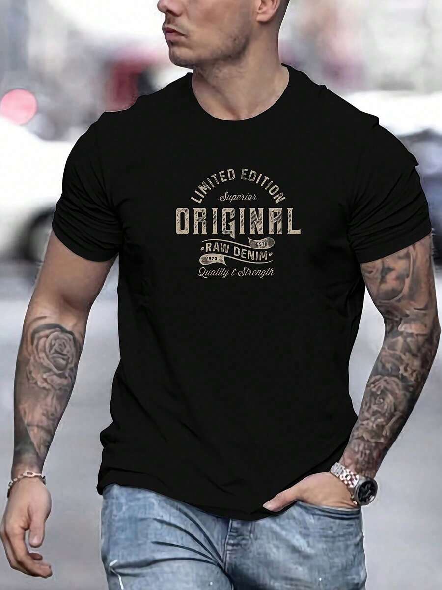 Men's T-Shirt - 100% Cotton, Crew Neck, Slightly Stretchy, Solid Color, Slim Fit, Knit Fabric, Casual Summer T-Shirt, Unique Design, 180 G/M², Men's T-Shirt - 黑色 - 查看 1