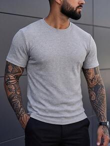 Men's Retro Waffle Texture Slim Fit Short Sleeve T-Shirt, Summer Thin Solid Color Crew Neck Casual Elastic Textured Design Base Layer Top - Grey - View 3