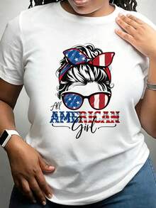 Women's US Flag Print T-Shirt With Messy Bun, Plus Size, Short Sleeve Graphic Tee, Aodón Tops, Women's T-Shirts, Festival Outfits - 白色 - 查看 1
