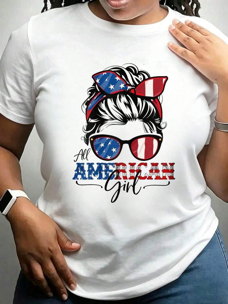 Women's US Flag Print T-Shirt With Messy Bun, Plus Size, Short Sleeve Graphic Tee, Aodón Tops, Women's T-Shirts, Festival Outfits - 白色 - 查看 1