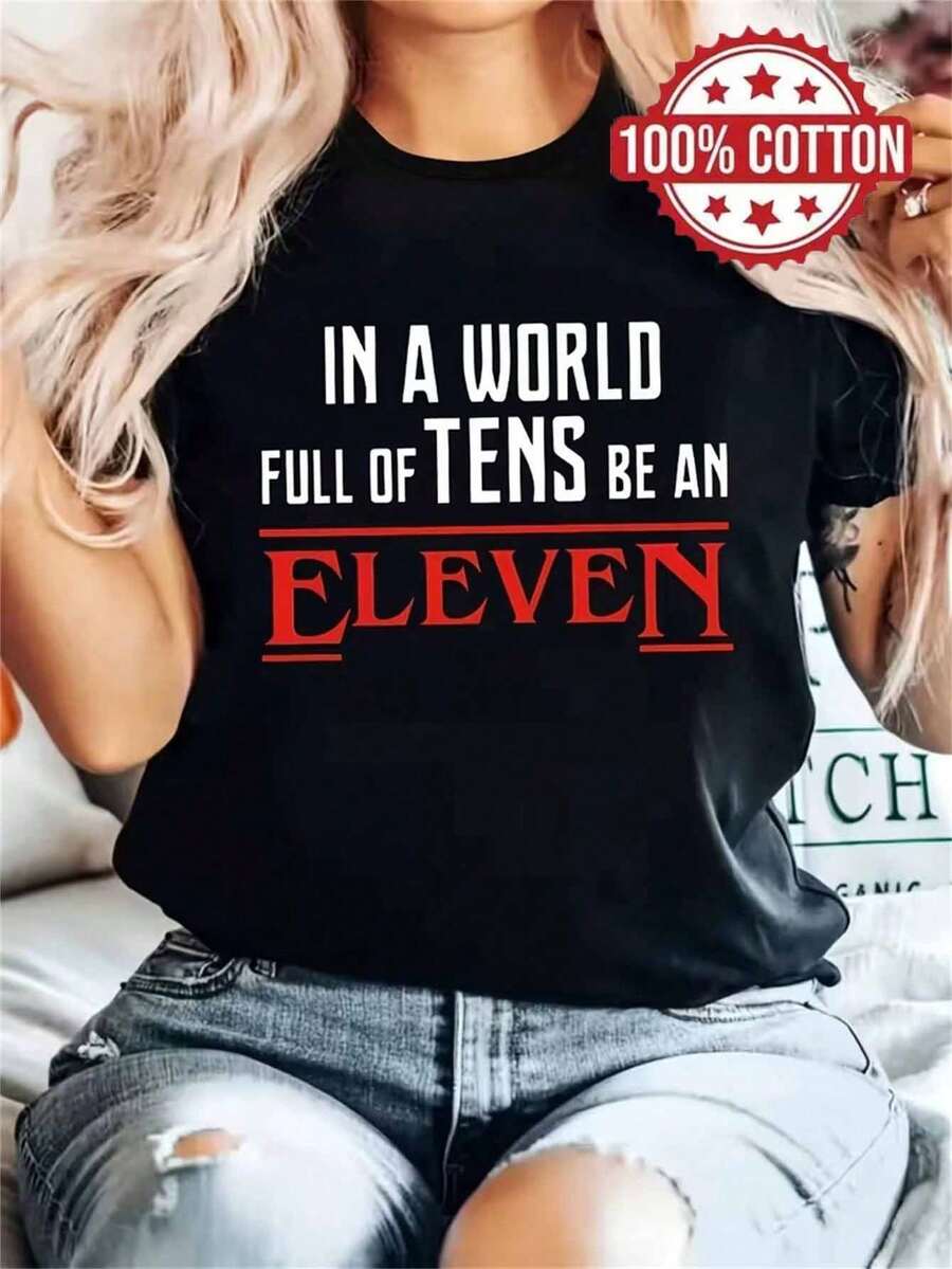Camiseta de Mujer con Estampado Gráfico, 1 Pieza, 100% Algodón. En un mundo lleno de diez, sé un once. Camiseta de Manga Corta para Mujer con Estampado Gráfico, Transpirable para Uso Diario. - Negro - Ver 1