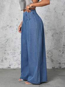 Jeans de cintura alta y pierna ancha para mujer - Azul - Ver 5