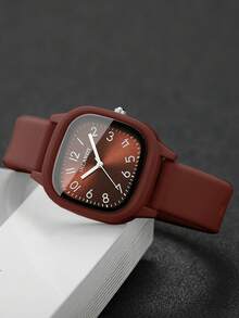 Jam Tangan Quartz Klasik Digital Persegi Minimalis dengan Tali Silikon untuk Wanita (1 buah/Set) Kotak Jam Tangan Tidak Termasuk - Coklat - View 4
