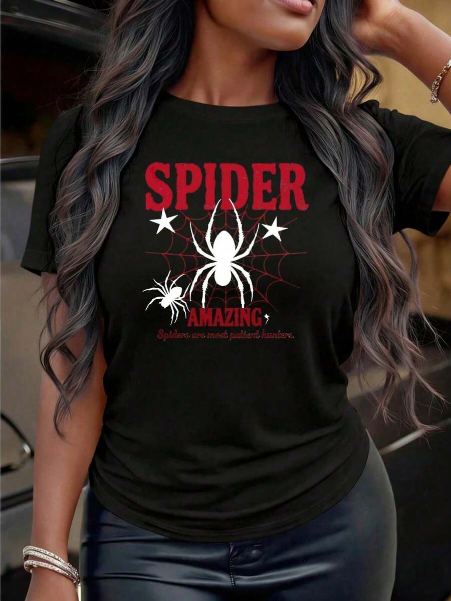 Camiseta Personalizada con Cuello Redondo y Diseño de Telaraña, con Lema Divertido, Ropa de Verano para Hombre - Negro - Ver 1