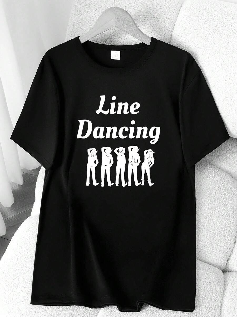 Women's Clothing. Elegant Party Outfit, T-Shirt For Elegant Ladies, Blouses Suitable For Curvy Women, Casual Clothing, Cool And Sweat-Free Clothing In Summer, Fun Letter Print. - 黑色 - 查看 1