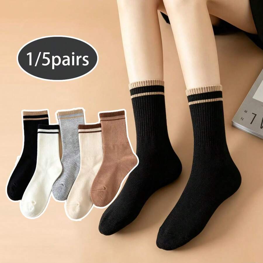 1/5 Pares de Meias de Cano Médio para Casal, Primavera/Outono, Tom Café, Listradas, Minimalistas, Preppy, Esportivas, Versáteis, Combinam com Leggings de Tubarão - Multicolorido - Visão 1