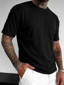 Minimalist Black Vertical Ribbed Texture Crew Neck Short Sleeve Men's Casual Versatile T-Shirt - Black - View 1