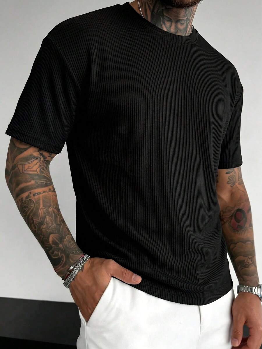 Minimalist Black Vertical Ribbed Texture Crew Neck Short Sleeve Men's Casual Versatile T-Shirt - Black - View 1