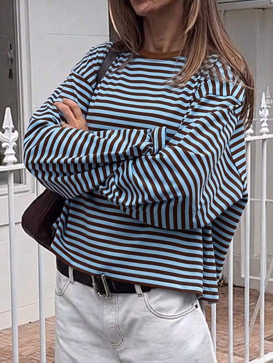 Blusa casual de mujer, tejido de punto acanalado con contraste de rayas, para uso diario, primavera/otoño - azul-marrón - Ver 1