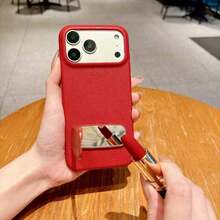 Miroir de maquillage pliable en faux texturé avec support de téléphone, accessoire de téléphone, breloque de téléphone, décoration de téléphone, dos adhésif à la mode, compatible horizontalement et verticalement, support de bureau portable, cadeau de la Saint-Valentin, cadeau de rentrée scolaire - Multicolore - Voir 3