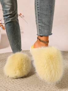 2025 Fashion Versatile Long Hair Faux Thermal Lined Warm Closed Toe Non-Slip Slippers For Indoor And Outdoor Wear - Yellow - View 4