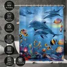1件海豚與海龜圖案浴簾，現代風格，防水防霉，可機洗，輕量透氣聚酯纖維材質。顏色可能因光線條件而略有差異。包含12個掛鉤。 - 彩色 - 查看 4
