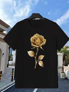 Golden Rose Floral Design, Elegant Gold Floral Pattern, Suitable For Wedding And Home Decoration, The First Choice For Daily Activities, Round Neck And Dropped Shoulder Design - 黑色 - 查看 1