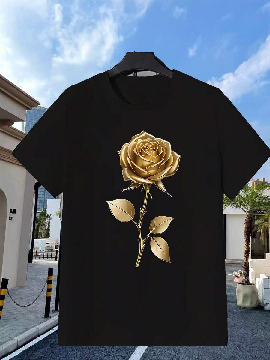 Golden Rose Floral Design, Elegant Gold Floral Pattern, Suitable For Wedding And Home Decoration, The First Choice For Daily Activities, Round Neck And Dropped Shoulder Design - 黑色 - 查看 1