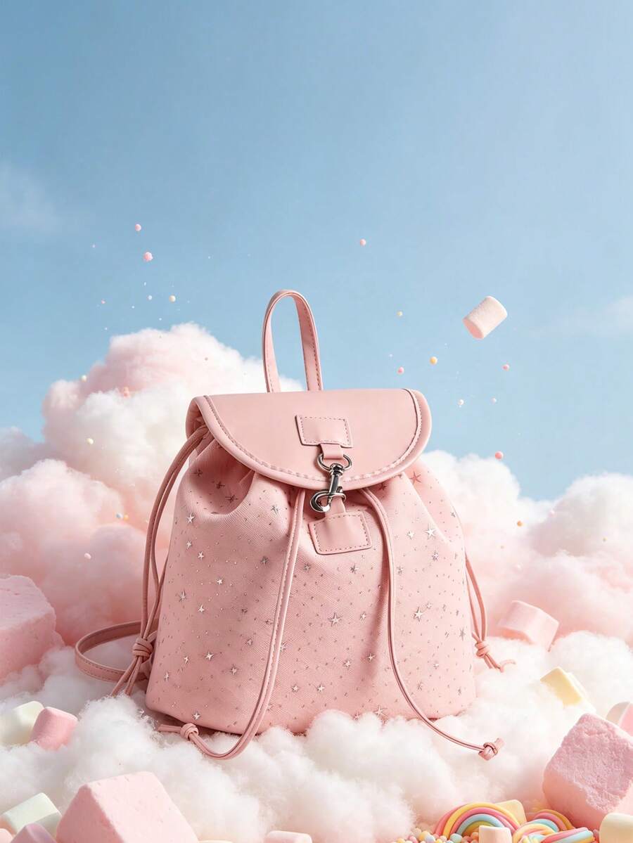 1pc Fashionable Cute Star Pattern Drawstring Flap Backpack, Polyester & PU Leather Patchwork Multifunctional Casual Day Bag, Girls/Teens/Students - Multicolor - View 1
