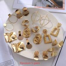 10pcs Fashionable Personalized Large Hoop Earrings Set, Textured & Stud Design Charming Jewelry, Daily Wear, Holiday Gift - Gold 6 - View 9