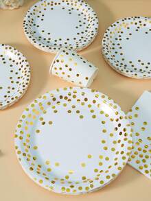 100/75/25/10pcs White And Gold Party Supplies Set, Disposable Plates, Cups And Napkins, Suitable For 25 Guests, Polka Dot Disposable Paper Plates, Dessert Plates, White Paper Party Plates, Suitable For Birthday, Gift Party, Wedding Party Tableware - Multicolor - View 5