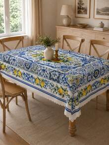 1 pieza Mantel multifuncional con patrón floral de limón fresco y azulejo azul mediterráneo Capri, material de poliéster, adecuado para decoración del hogar en todas las estaciones, regalo de boda, reunión familiar, fiesta de vacaciones y decoración de mesa de comedor - Multicolor - Ver 15