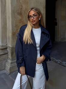 Chaqueta de mujer para otoño/invierno, con bolsillos con cordón prácticos, adecuada para el clima frío y los desplazamientos urbanos en primavera - Azul oscuro - Ver 1