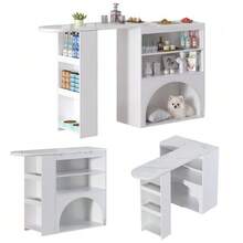 Modern Extendable Bar And Dining Table, Rotating High Small Bar Table – With Pet Area, Without Pet Food Bowl And Pet Cushion, White, Marble-Effect Tabletop, 120(+80)*40*100 Cm - White - View 5