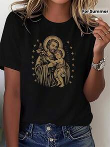 TrendyCamiseta Estampada de Verano para Mujer de Saint Joseph And Jesus, Cómoda y Versátil, Casual de Manga CortaEveryday Wear - Negro - Ver 1