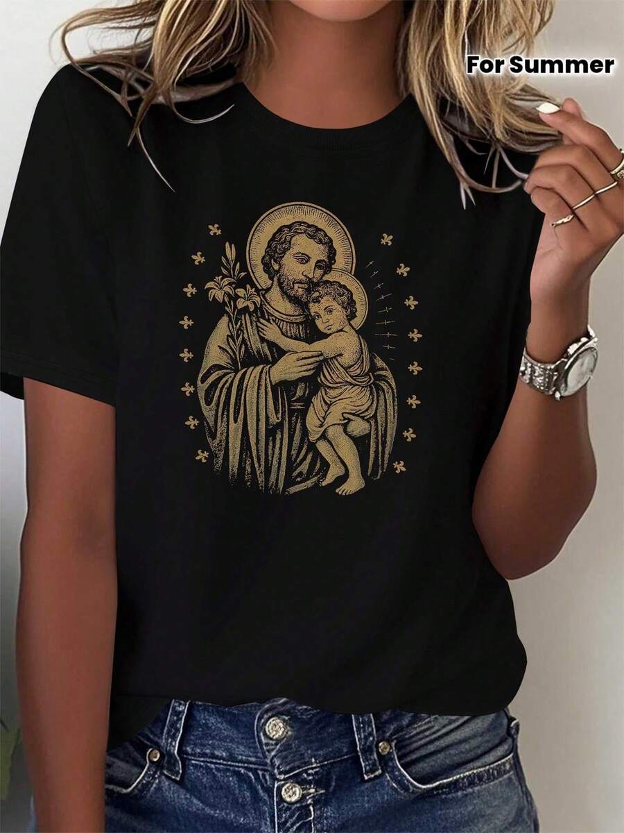 TrendyCamiseta Estampada de Verano para Mujer de Saint Joseph And Jesus, Cómoda y Versátil, Casual de Manga CortaEveryday Wear - Negro - Ver 1