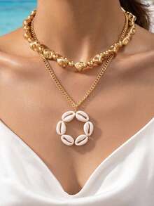 2pcs Beach Vacation Double Layer Shell Pendant Necklace Bohemian Asymmetrical Gold Bead Choker Beach Accessory - Gold - View 1