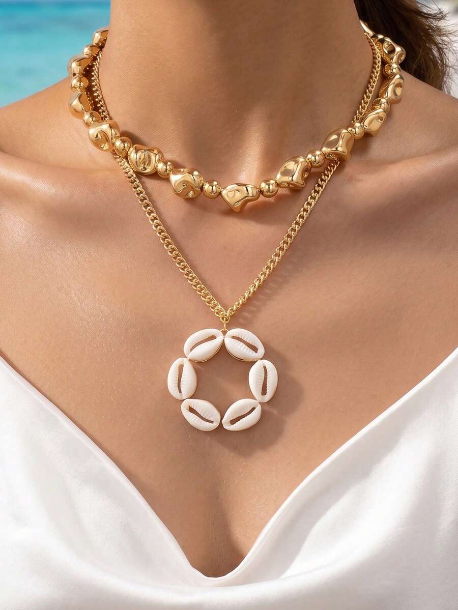 2pcs Beach Vacation Double Layer Shell Pendant Necklace Bohemian Asymmetrical Gold Bead Choker Beach Accessory - Gold - View 1