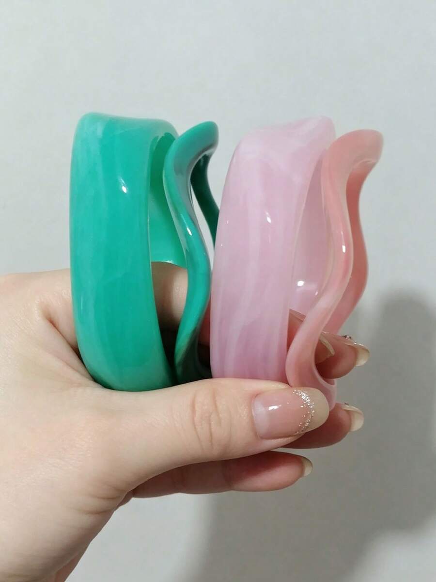 2/4pcs Asymmetrical Wavy Acrylic Bracelets, Marble Pattern Resin Bangles - Multicolor - View 1