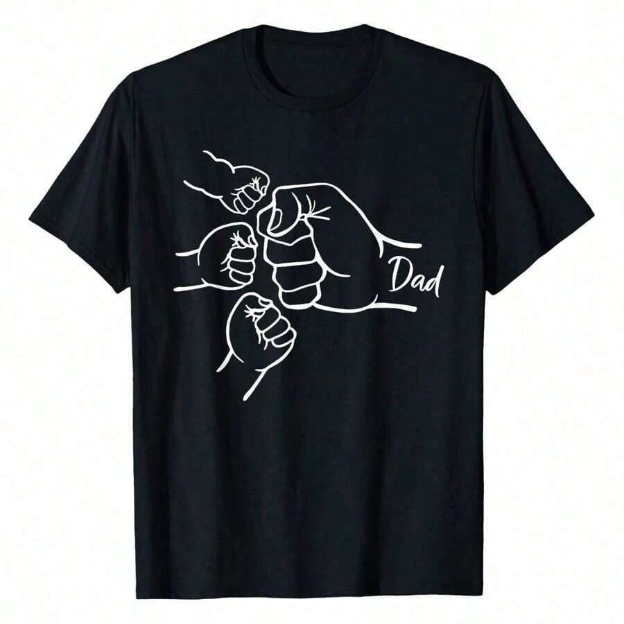 Camiseta de Hombre Pozón con el Puño, Papá de Tres Hijos, Feliz Día del Padre -% Algodón, Cuello Redondo, Corte Relajado, Manga Corta, Suave y Transpirable para Uso Diario - Negro - Ver 1