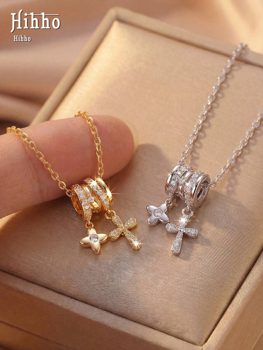 Hihho 1pc Necklace, Light Luxury Personalized Style With Triple Ring Stack, Four-Leaf Clover And Cross Elements, Unique Design, Suitable For Daily Commute, School, Dating, Light Party And Other Occasions - Cross - View 1