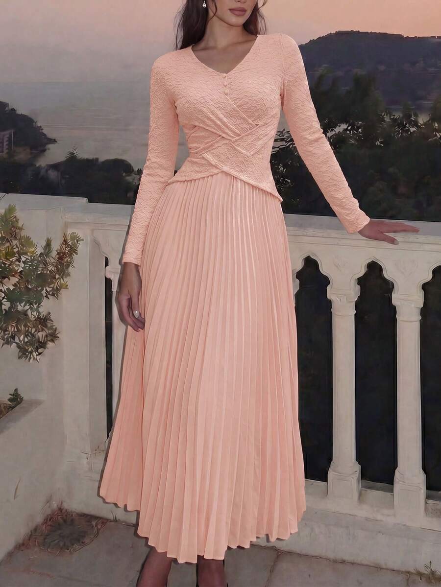 Elegant Women's Long Sleeve V-Neck Pink Pleated Cinched Waist Full Skirt Woven Maxi Dress, Suitable For Formal Occasions - Pink - View 1
