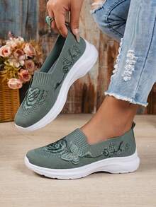 Women's Breathable Knit Slip-On Tennis Shoes - Lightweight, Comfortable Wedge Sneakers For Casual Walking & Daily Wear - 綠色 - 查看 1