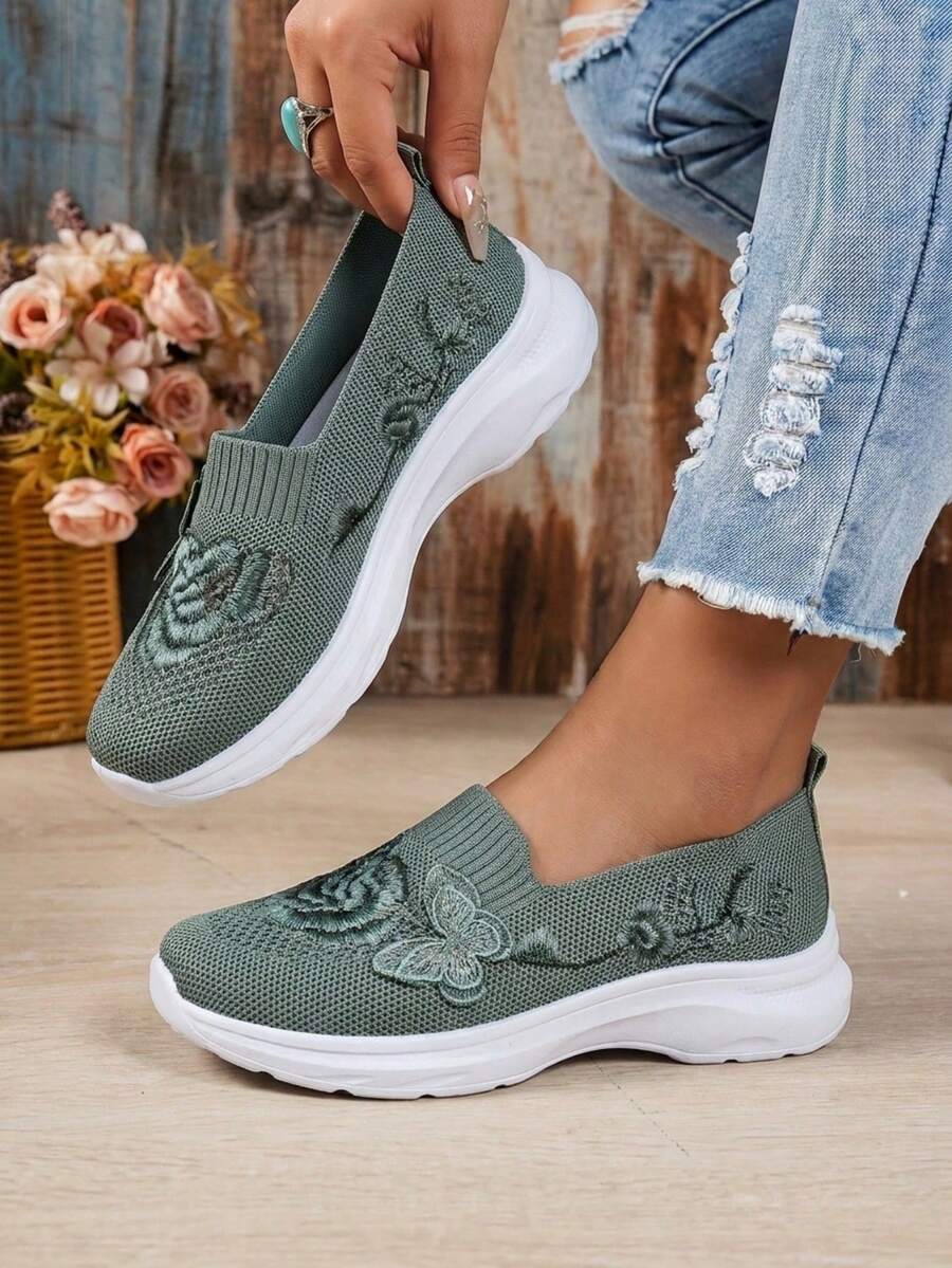 Women's Breathable Knit Slip-On Tennis Shoes - Lightweight, Comfortable Wedge Sneakers For Casual Walking & Daily Wear - 綠色 - 查看 1